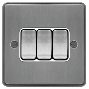 Plate Switch 3 Gang 2 Way 10AX Brushed Steel White Insert