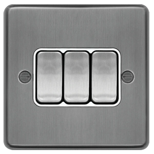 Plate Switch 3 Gang 2 Way 10AX Brushed Steel White Insert - Image 2