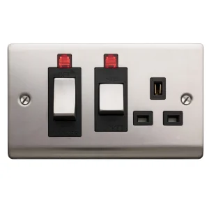 Designa 23CC45S1LB 45A Double Pole Switched Cooker Control Unit Satin Steel with Black Insert & Neon