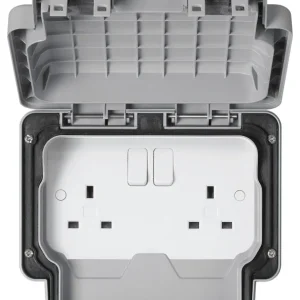 MK Masterseal Plus 2-Gang 13A Switched Socket 2-Pole 157 x 110 x 89mm Grey