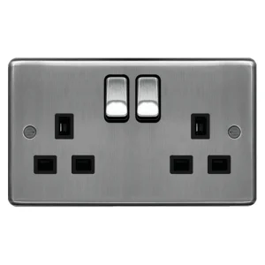Socket 2 Gang Double Pole Switched Dual Earth 13A Brushed Steel Black Insert