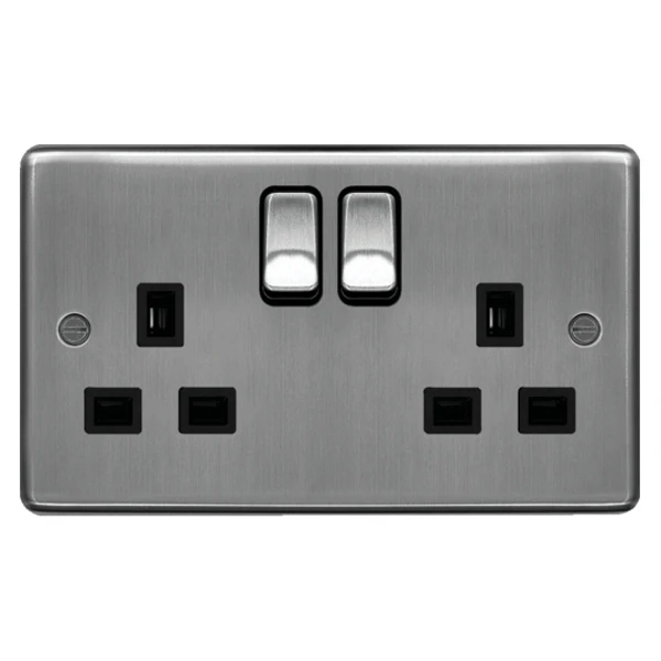 Socket 2 Gang Double Pole Switched Dual Earth 13A Brushed Steel Black Insert