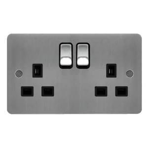 Socket 2 Gang Double Pole Switched Dual Earth 13A Brushed Steel Black Insert