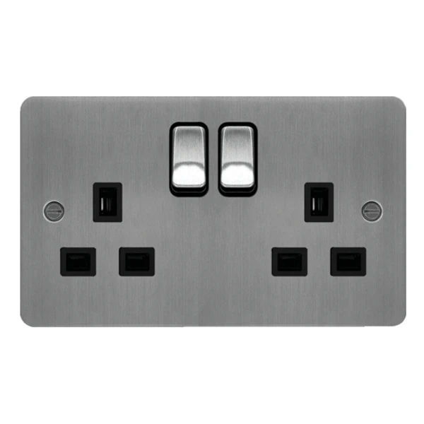 Socket 2 Gang Double Pole Switched Dual Earth 13A Brushed Steel Black Insert - Image 2