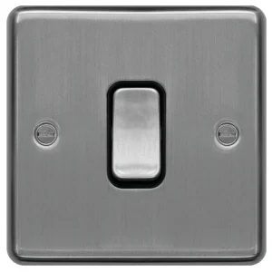 Plate Switch 1 Gang 2 Way 10AX Brushed Steel Black Insert