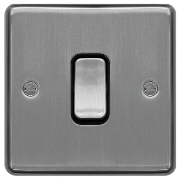 Plate Switch 1 Gang 2 Way 10AX Brushed Steel Black Insert