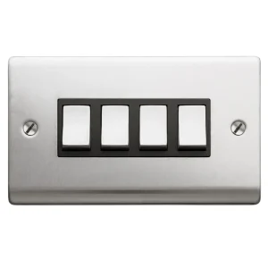 Designa 23S542B 4 Gang 2 Way 10AX Plate Switch Satin Steel with Black Insert