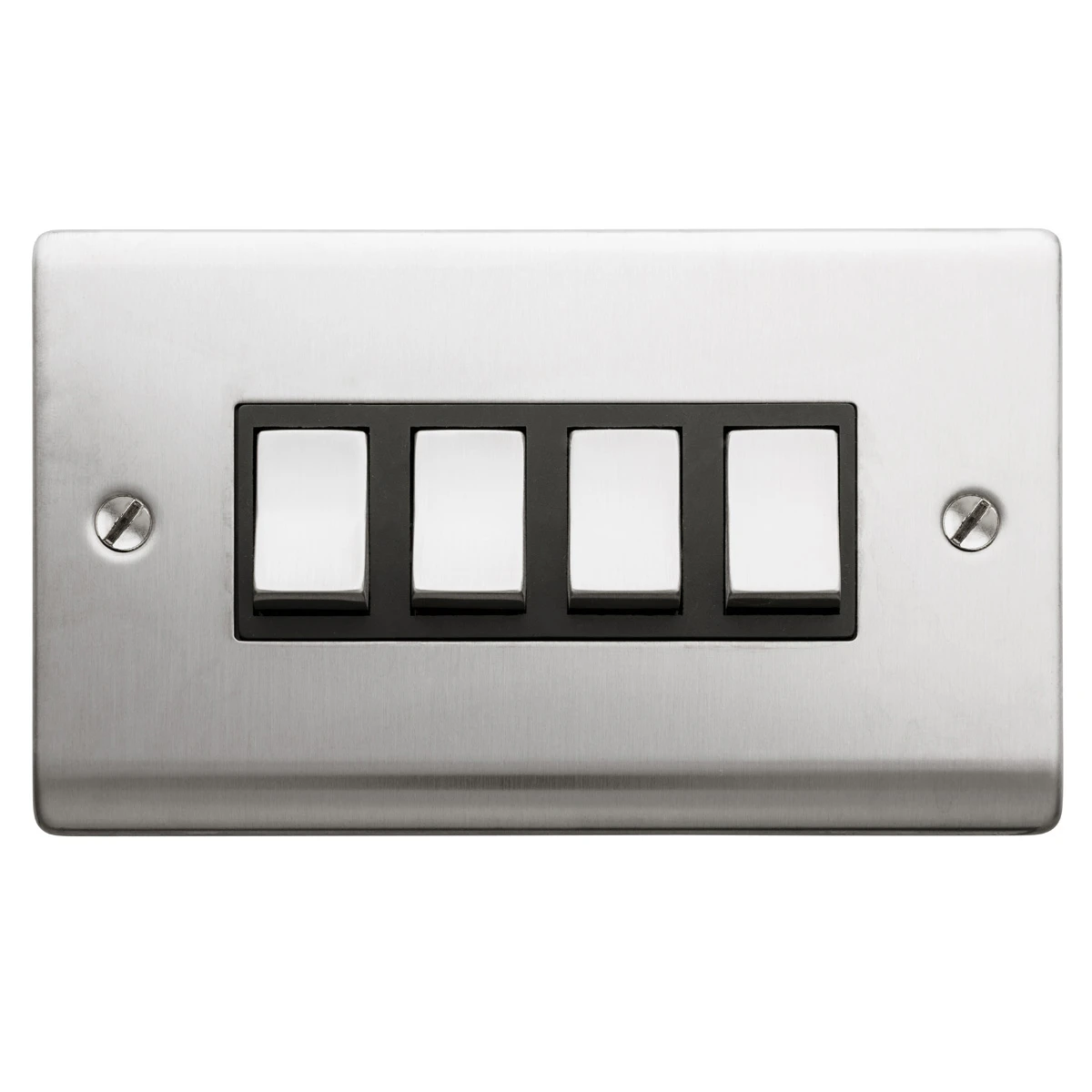 Designa 23S542B 4 Gang 2 Way 10AX Plate Switch Satin Steel with Black Insert