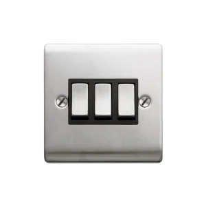 Designa 23S532B 3 Gang 2 Way 10AX Plate Switch Satin Steel with Black Insert