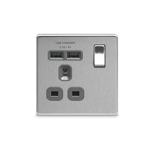 Brushed Steel Flatplate Screwless 13A Switched Grey Insert 1 Gang Socket + 2 x USB (2.1A) - Image 2
