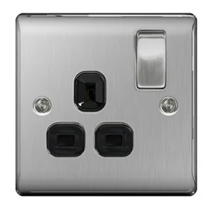 BG Nexus NBS21B Brushed Steel Switched Socket 1 Gang Double Pole 13A with Black Insert