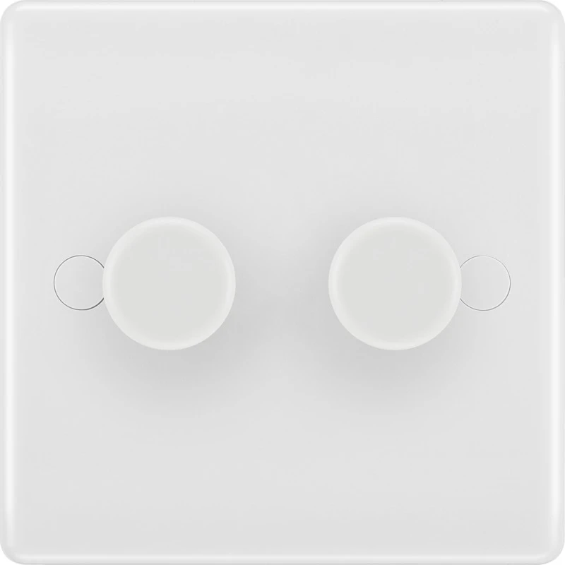 White Round Edge Moulded 2 Gang 2 Way Push Type Trailing Edge 200W Dimmer Switch