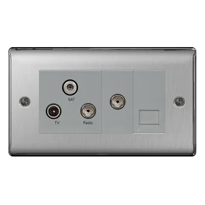 Nexus Metal Brushed Steel Triplex Tv/Fm/Sat + Return & 1 Gang Telephone Screened Socket Outlet