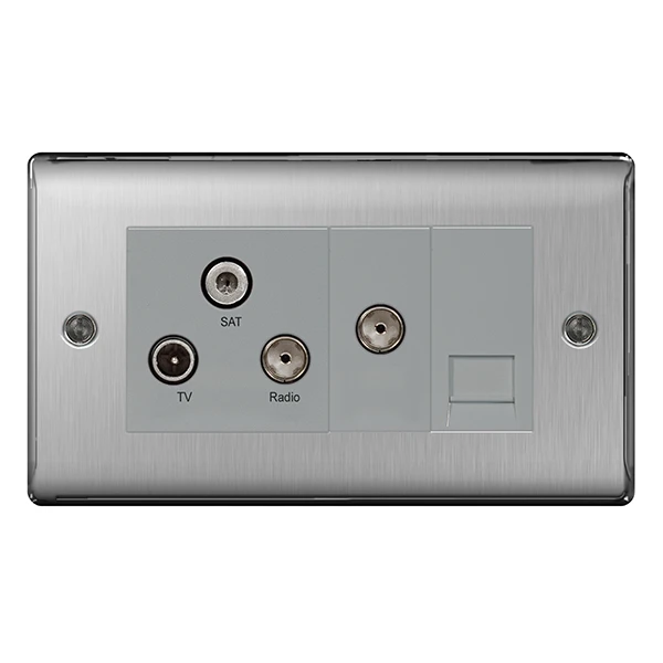 Nexus Metal Brushed Steel Triplex Tv/Fm/Sat + Return & 1 Gang Telephone Screened Socket Outlet - Image 2