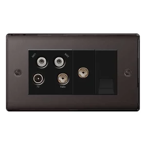 Nexus Metal Black Nickel Quadplex Tv/Fm/Satellite (X2) + Return & 1 Gang Telephone Screened Outlet