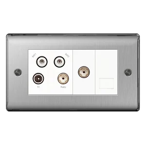 Nexus Metal Brushed Steel Quadplex Tv/Fm/Sat (X2) + Return & 1 Gang Telephone Screened Socket Outlet