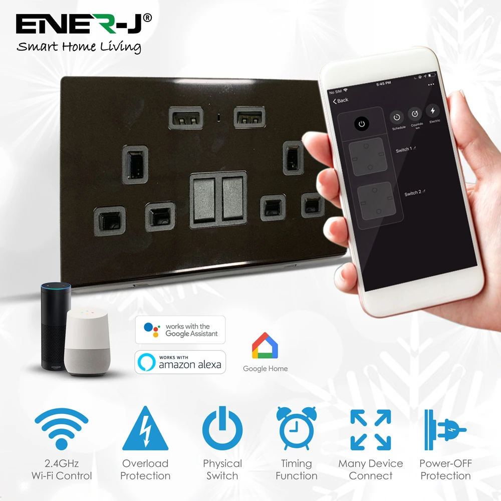 Ener-J SHA5282 13A Smart WiFi Twin Wall Sockets With 2 USB Ports - Black - Image 2