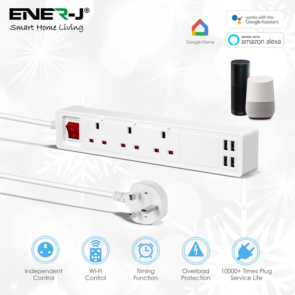 Ener-J SHA5318 13A Smart WiFi Power Strips With 3 Sockets & 4 USB