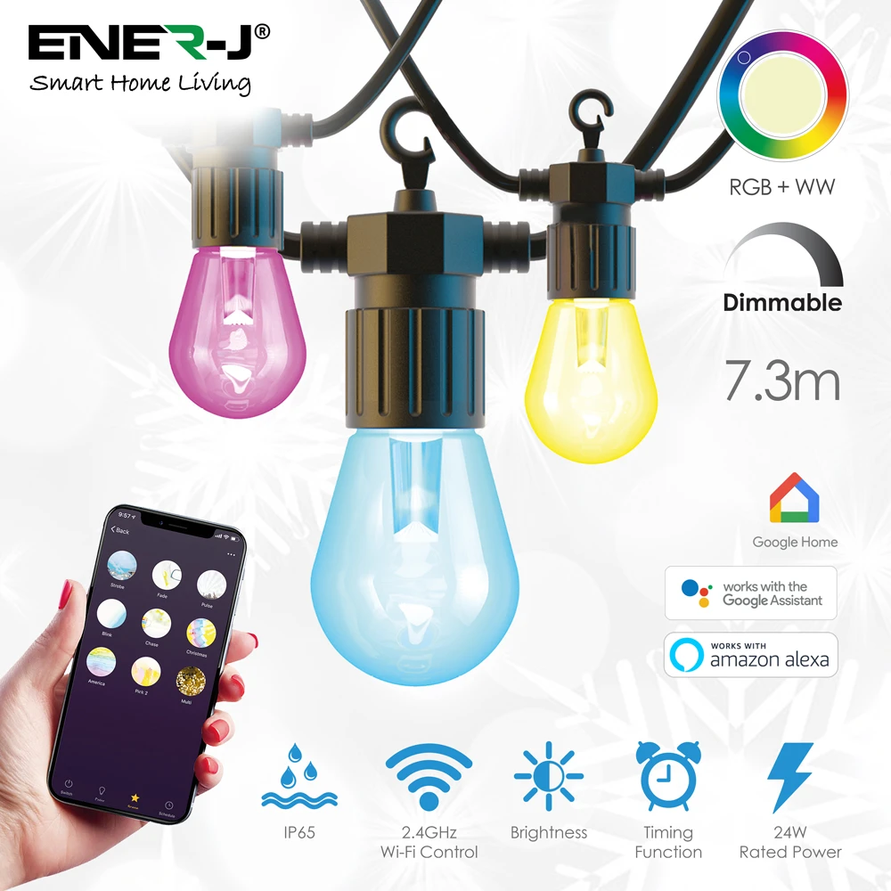 Ener-J SHA5315 Wi-Fi LED String Light With Filament Bulbs, 7.3M And 12 Piece Filament Bulbs RGB+WW
