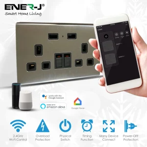 Ener-J SHA5283 13A Smart WiFi Twin Wall Sockets With 2 USB Ports - Silver