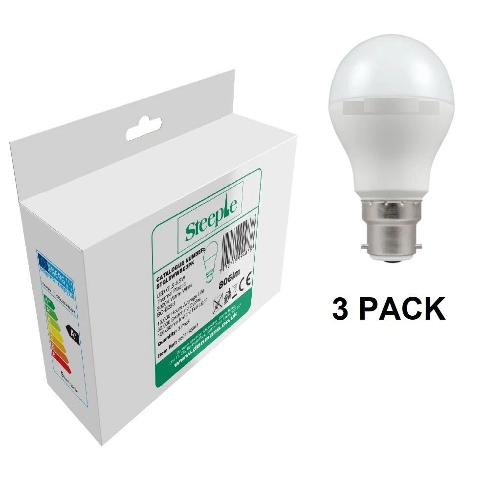Steeple 3 pack LED Lamps 8.5W GLS BC 3000K - Image 2