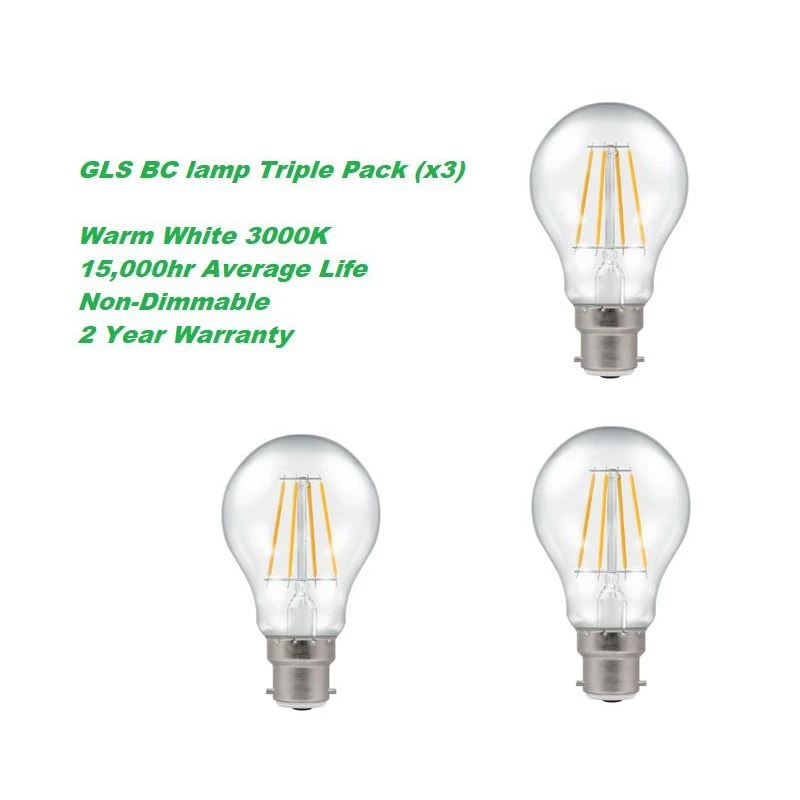 Steeple 3 pack Clear LED GLS 7.5W 2700K BC