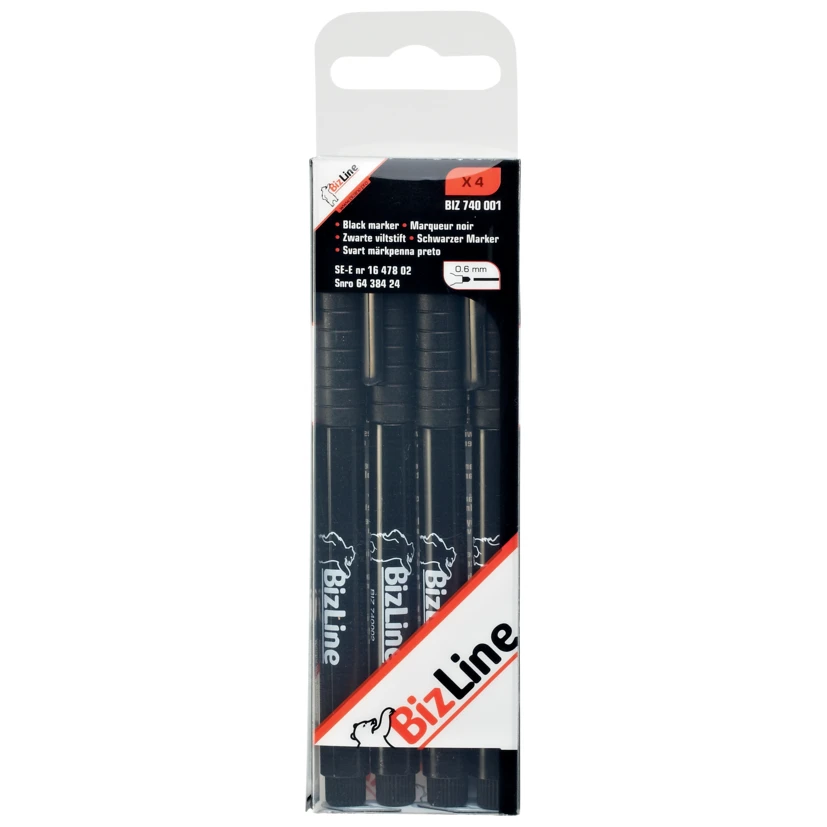 Bizline Permanent Marker Pen 0.6mm Bullet Tip Black - 4 Pack