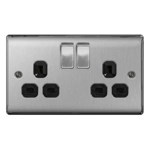 BG Nexus NBS22B Brushed Steel Switched Socket 2 Gang 13A with Black Insert