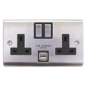 Designa 23SS132DPBU3 2 Gang 13A Double Pole Switched Double Socket Satin Steel With Black Insert With 2 X 3.0A USB