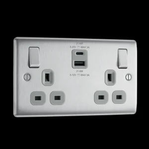 Brushed Steel Double Switched Single Pole With USB A + C (22W) Socket