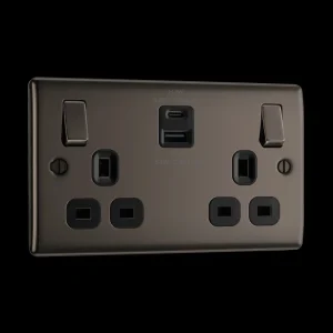 Black Nickel Double Switched Single Pole With USB A + C (22W) Socket