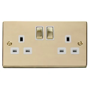 Socket Ingot 2 Gang DP Switched 13A Polished Brass White Insert Victorian