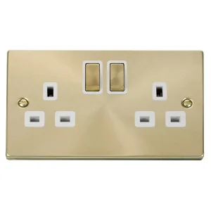 Socket Ingot 2 Gang Double Pole Switched 13A Satin Brass White