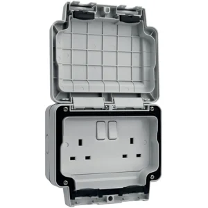Weatherproof Socket 2 Gang 13A Switched IP66 Lockable Grey