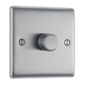 Nexus Metal Brushed Steel 1 Gang 2 Way Push Type Trailing Edge 200W Push Type Dimmer Switch