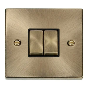 Plate Switch 2 Gang 2 Way 10A Antique Brass Black Insert Victorian