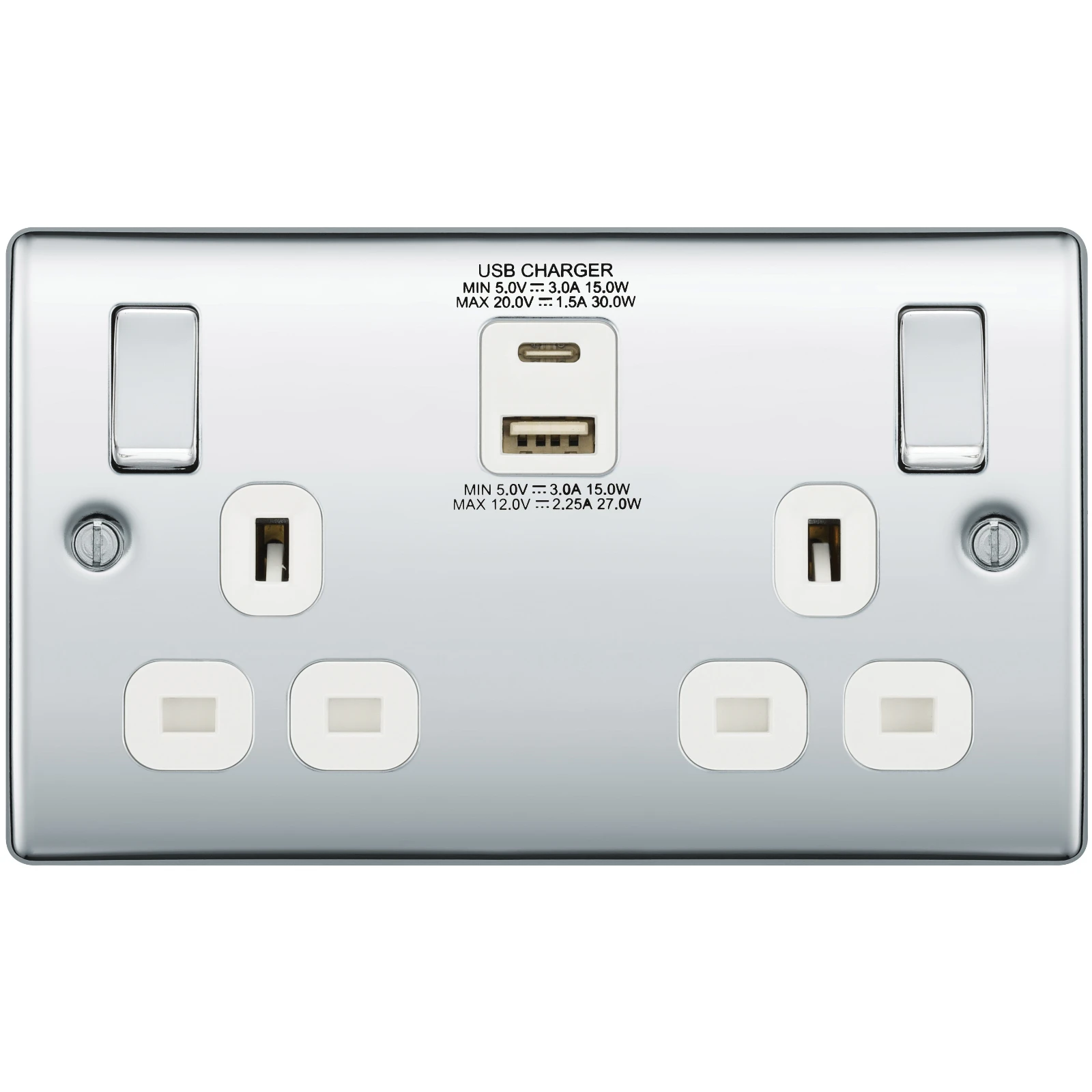 BG Nexus NPC22UAC30W Polished Chrome 13A 2 Gang Socket Grey Insert With USB C - 30W Fast Charge