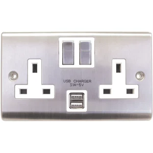 Designa 23SS132DPU3 2 Gang 13A Double Pole Switched Double Socket Satin Steel With White Insert with 2 X 3.0A USB Socket