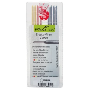 Bizline Pica DRY Long-life Telescopic Marking Pencil Refill Pack - Red/Yellow/Grey - Pack of 8