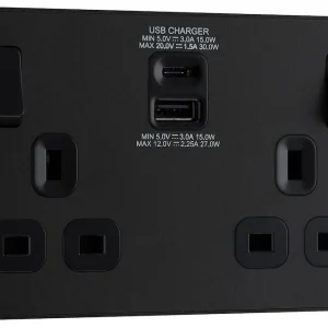 BG Evolve, Matt Black, 13A Double Switched Socket with USB A + C 30W