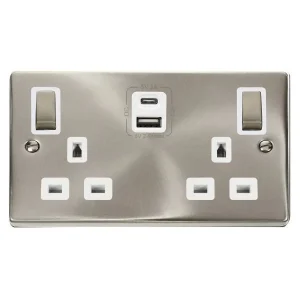 Deco Satin Chrome Ingot 2 Gang 13A 1x USB-A 1x USB-C 4.2A Switched Socket White Insert