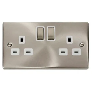 Socket Ingot 2 Gang DP Switched White Insert Victorian 13A Satin Chrome