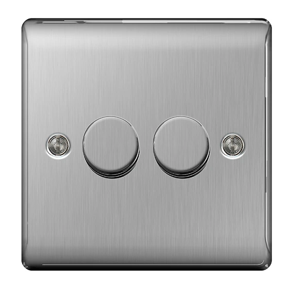 Brushed Steel 2 Gang 2 Way 400W Dimmer Switch Push Type