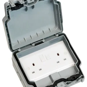 Weatherproof Socket 2 Gang 13A Switched IP66 Lockable Grey