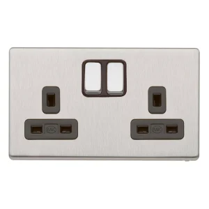 MK Socket 2 Gang Switched Double Pole Brushed Stainless Steel Black Inserts