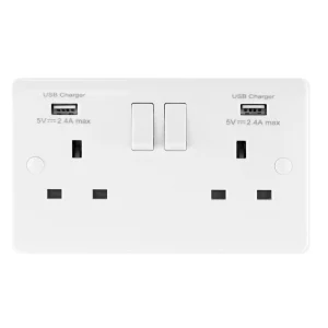 Verve HM2006N Single Socket 2 Gang 13A Double Pole Switched White with 2 USB Ultra Outlets 2x2.4A