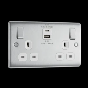 Brushed Steel Double Switched Single Pole With USB A + C (22W) Socket