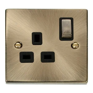 Socket Ingot 1 Gang DP Switched 13A Antique Brass Black Insert Victoria