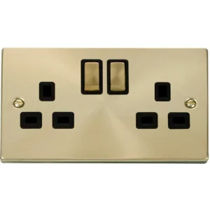 Socket Ingot 2 Gang DP Switched 13A Satin Brass Black Insert Victorian