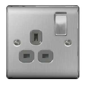BG Nexus NBS21G 1 Gang Brushed Steel Switched Socket 1 Gang Double Pole 13A with Grey Insert